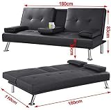 Yaheetech Faux Leather Click Clack 3 Seater Sofa Bed with Cup Holders Black view 6