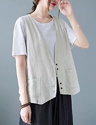 Zontroldy Womens Cotton Linen Vest Casual Loose V