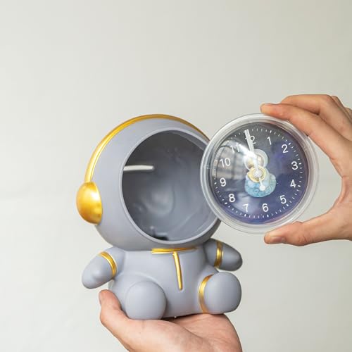 COORFORMER ASTRONAUT DESK CLOCK PIGGY BANK/SAVINGS JAR, KIDS ROOM SPACE THEME DECOR, CHILDREN CLOCK FOR HOME SCHOOL BEDROOM LIVING ROOM, FOR BOYS AND GIRLS GIFT – REMOVABLE BATTERY OPERATED – GRAY