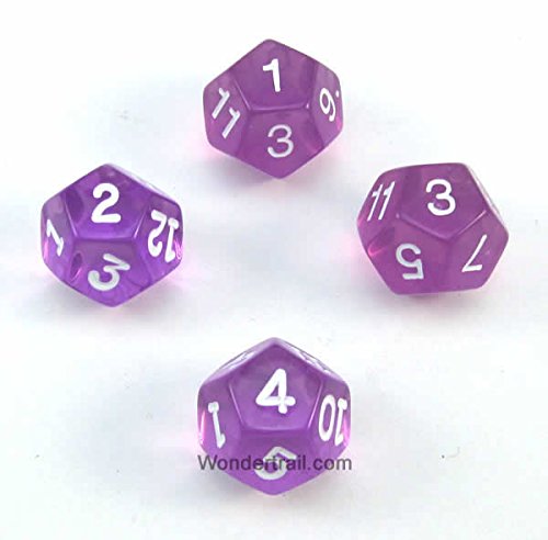 WKP02761E4 Orchid Transparent Dice with White Numbers D12 16mm (5/8in) Pack of 4 Dice Koplow Games