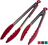 StarPack Basics Silicone Kitchen Tongs (9-Inch & 12-Inch) - Stainless Steel with Non-Stick Silicone Tips, High Heat Resistant to 480°F, For Cooking, Serving, Grill, BBQ & Salad (Cherry Red)
