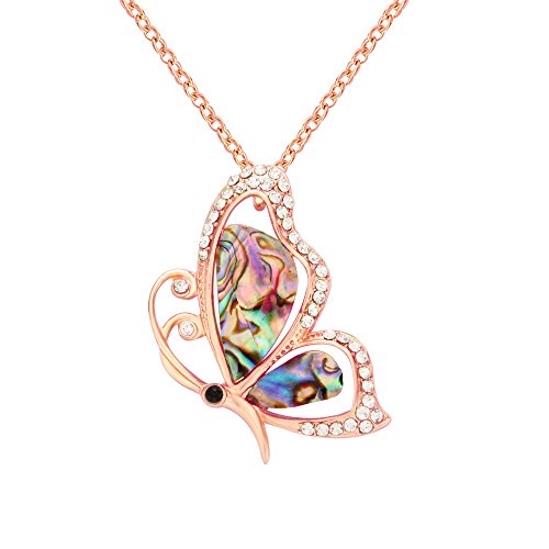 SENFAI Abalone Paua Shell Butterfly Pendant Mood Necklace Perfect Jewelry Gift (Rose gold)