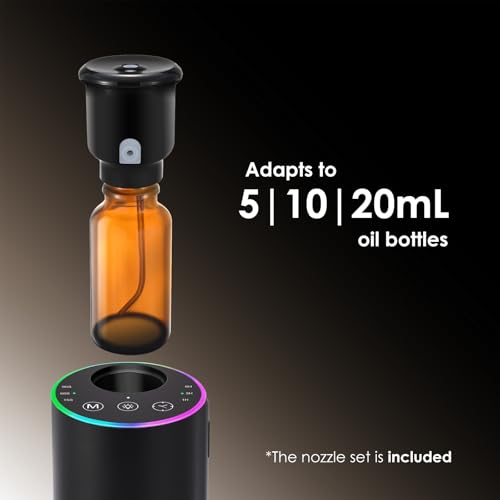 Waterless Essential Oil Diffuser, 7 Colors LED Light, Battery Powered Mini Scent Air Machine, Aromatherapy Mist Diffuser for Home Room Car Office，Black Aluminum Alloy (Black)
