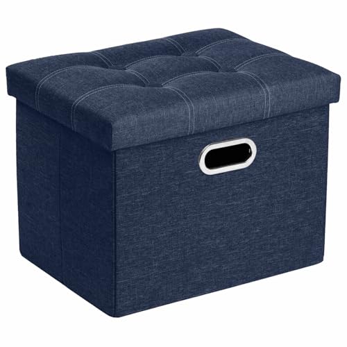 COSYLAND Pouf de Rangement Pliable en Lin avec Couvercle - Banc Coffre Multifonction 43 x 33 x 33 cm - Tabouret Repose-Pieds 150kg - Ottoman de Salon Espace de Stockage Caché, Bleu