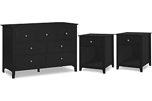 Vikiullf Dresser and Nightstands Sets - 3 Pieces Modern Bedroom Set, Black Wooden 7 Drawer Dresser and 1 Drawer Nightstands, Modern Bedroom Furniture Set