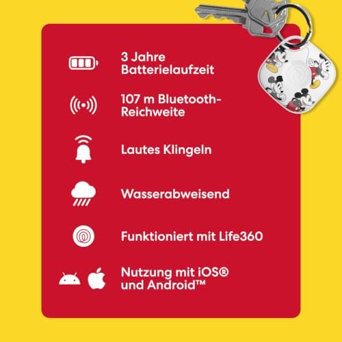 x Disney Tile - Bluetooth-Tracker, Schlüssel- und Gegenstandsfinder für Schlüssel, Taschen und mehr. Handy-Finder. iOS- & Android-kompatibel. Handy-Finder. 1er-Pack (Micky)