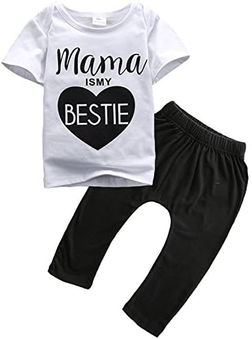 YUSWISH Baby Infant Toddler Pants Clothing Set T shirt Pants Outfit (90 cm / 2 - 3 Years, White and Black(Mama's My Bestie ))