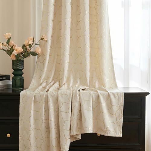 Gazal Vole Golden Cream Curtains Geometric Design, H220 x W140 cm, Set of 2 Panels, Soft Velvet, Blackout Curtains 75-80%, Metal Eyelets 4 cm, Living Room Bedroom Office