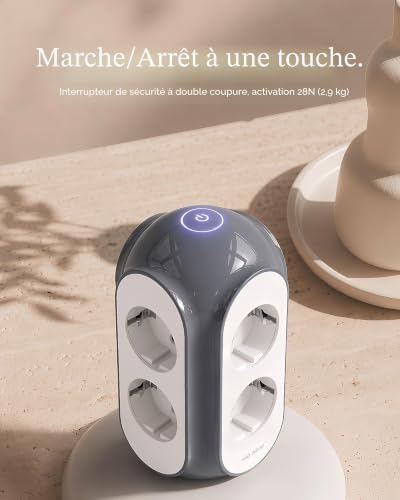 Multiprise Tour 6 Prises AC, 3680W/16A, Protection surtension 1420J, Base lestée 479g Anti-basculement, câble 2 m, Protection Surcharge (Gris Basalte)