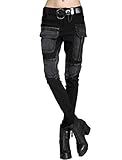 Minibee Women's Harem Patchwork Leather Pocket Punk Style Personalized Pants Black 3 L
