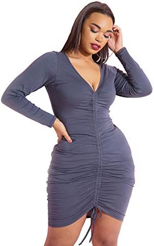 Rebdolls Women’s Club & Night Out Drawstring Ruched Long Sleeve Bodycon Mini Dress