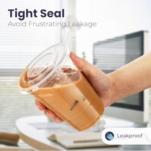 Disposable plastic glass 100 Pack 16 oz Plastic Iced Coffee Cups with Flat Lids and Straws, Disposable Clear Cup, BPA Free Cup for Party, Smoothie, Cold Drinks, Juice, Milkshake, Tea