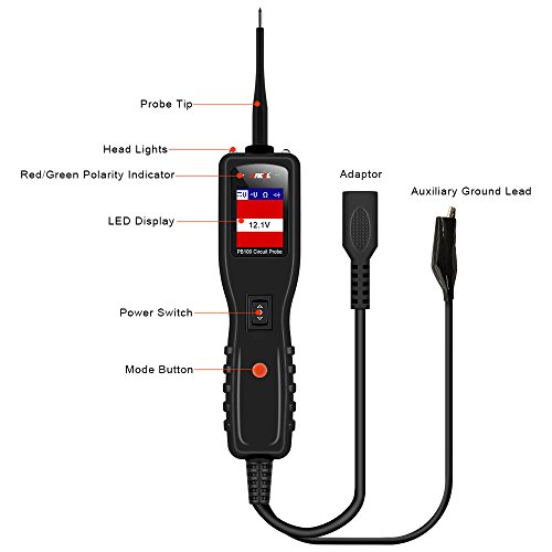 ANCEL PB100 Automotive Circuit Tester Power Probe Kit Diagnostic Test Tool Vehicle Electrical System Current Voltage Resistance Diodes Detector with LCD Screen Flashlight for 12V to 24V - Black