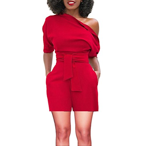 Gyoume Women Bodycon Jumpsuits Romper Cold Shoulder Shorts Pocket Jumpsuit Mini Overalls Red