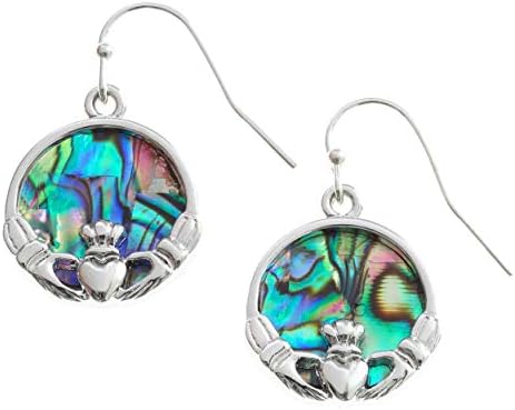 Womens Celtic Claddagh Earrings inlaid with Sustainably Sourced Abalone Shell on Rhodium Plated Hooks with Gift Box