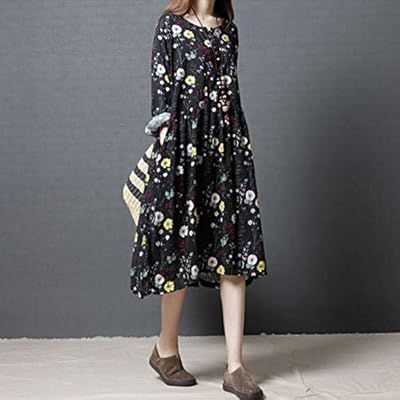 Amazon Co Jp ワンピース レディース 綿 麻 花柄ワンピース ドレス 花柄 ひざ丈 満開式 フレアワンピース レトロワンピース 長袖 シルエット パーティー 結婚式 発表会 W Wannpi Color ブラック Size M ホーム キッチン