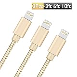 iPhone Charger, Rywell 3Pcs 3ft/6ft/10ft Durable Nylon Braided Lightning Cord to USB Charging Cable for iPhone 7 7 Plus SE 6 6s 6 Plus 5 5s iPad 4 Mini Air iPod Nano 7 iPod Touch 5(Gold)