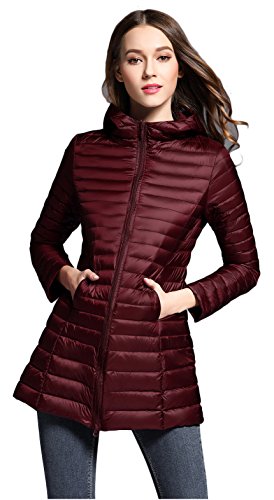 Elezay Women's Winter Light Weight Down Jacket Hooded Coat Wine M - Thumbnail 5