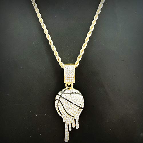 HH Bling Empire Mens Iced Out Hip Hop 14K Gold Artificial Diamond NBA Basketball Related Pendant cz Tennis Chain Necklace 22 Inch (Basketball -1 & Rope)