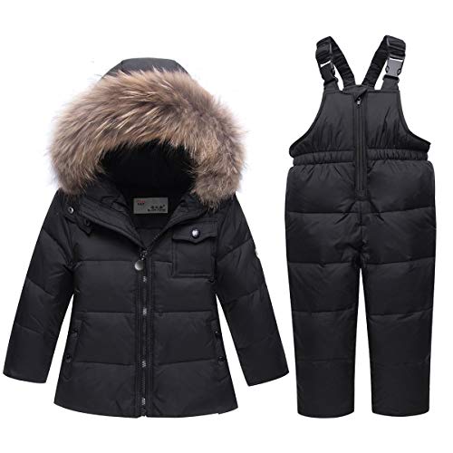 SANMIO Baby Boys Girls Two Piece Snowsuit, Toddler Winter Hooded Puffer Down Jacket Coat with Ski Bib Black