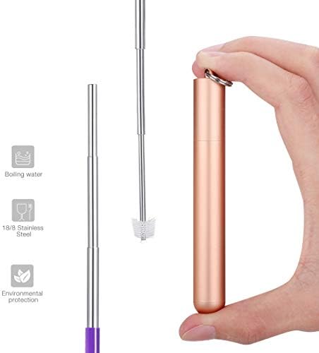 Collapsible Straw by Corkas, Reusable Straw, Telescopic Portable Stainless Steel Straw with Case & Cleaning Brush (Black) (Gold)