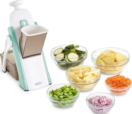 DASH Safe Slice Mandoline Slicer, Julienne + Dicer für Gemüse, Meal Prep & More mit 30+ Voreinstellungen & Dickenversteller, Presets, Aqua