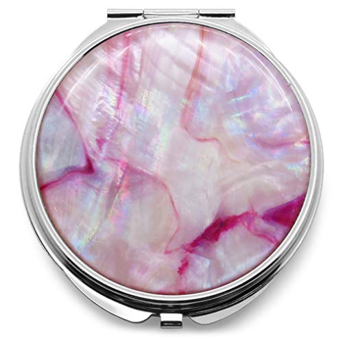 Makeup-Compact-Pocket-Mirror-Mother-of-Pearl-Metal-Round-Double-Sided-Folding-Magnify-Marble-Pink