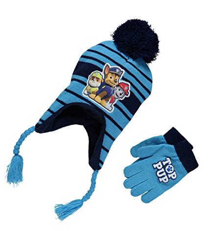 Paw Patrol Dog Boy Blue Pom Earflap Beanie Winter Ski Hat/Cap Mittens Glove Set