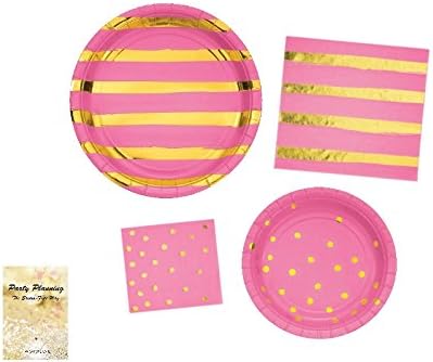 TwoTwelve Products, Pink and Gold Party Supply Pack, Dot and Stripe Design, Disposable Paper Dinnerware, 16 Guests, Dinner Plates, Dessert Plates and Napkins - Great for Birthday, Anniversary, Engage