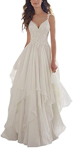 WANNISHA Women's Chiffon A-Line V-Neck Lace Appliques Bodice Simple Beach Wedding Dress