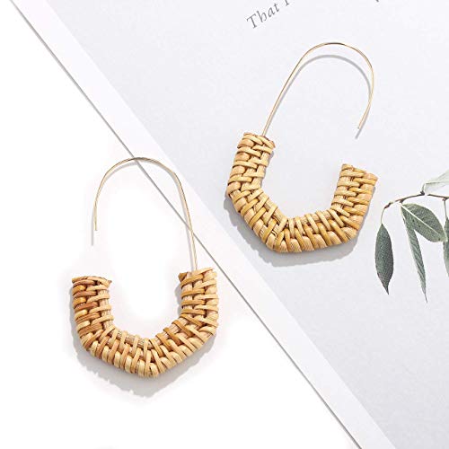 MOLOCH Rattan Earrings for Women Handmade Straw Wicker Braid Hoop Earrings Lightweight Wire Drop Dangle Earrings Fashion Jewelry (Metal end)
