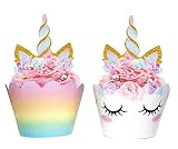 Unicorn Cupcake Decorations, Double Sided Toppers and Wrappers, Rainbow and Gold Glitter Decorations, Cute Girl's Birthday Party Supplies, 24 sets -- By Xeren Designs