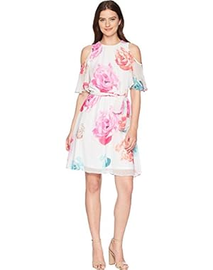 Womens Belted Floral Cold Shoulder Chiffon CD8HA50K