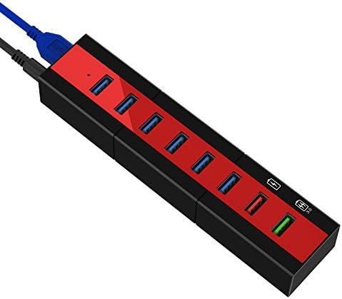 8-Port USB Hub, TOPESEL 36W 6 High Speed USB3.0 Data Transfer Ports, 1 BC1.2 and 1 Smart Charging Ports USB Hub USB Splitter with Power Adapter for PC, USB Flash Drives, Mouse and More (Red)