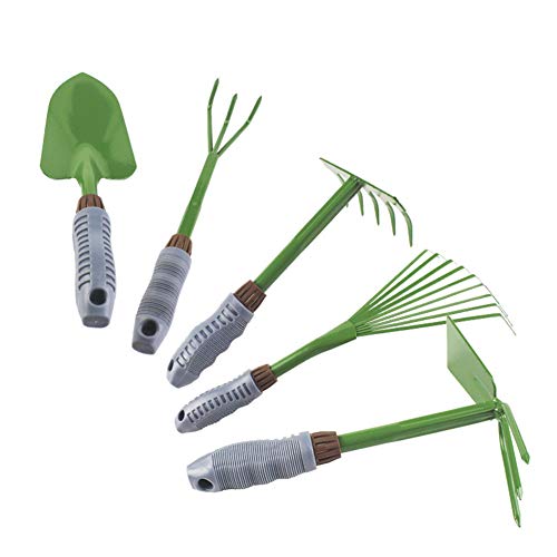 KEJIH Five-Piece Gardening Tools Set Potted Flower – Including Double Use Hoe 3 prongs,9-Teeth Leaf rake, 5-Teeth rake,Cultivator/Weeder,Trowel/Shovel with High Carbon Steel and Soft PVC Handle Grip