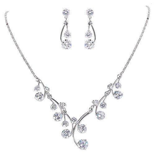 EleQueen Women's Cubic Zirconia Filigree Flower Bridal Necklace Earrings Jewelry Set Silver-tone Full Clear