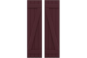 EKENA MILLWORK 14"W x 56"H Americraft Four Board (2 Batten) Exterior Real Wood Joined Board-n-Batten Shutters w/Z-Bar (Per Pair), Wine Red