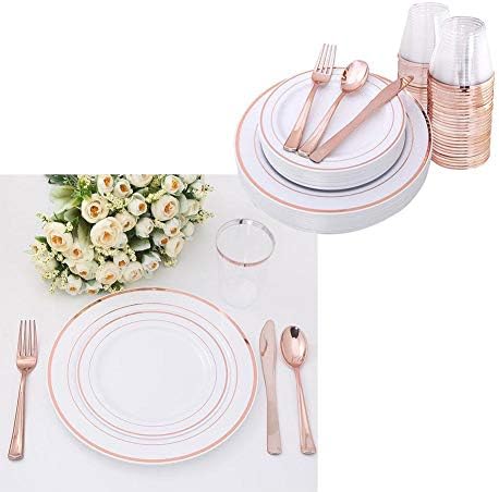 fllyingu Rose gold Disposable Dinnerware Set,FOOD GRADE Environmental cutlery set for Delicate and elegant Party Supplies Includes Plastic Knives, Spoons, Forks, Plates, Cups,Knives.