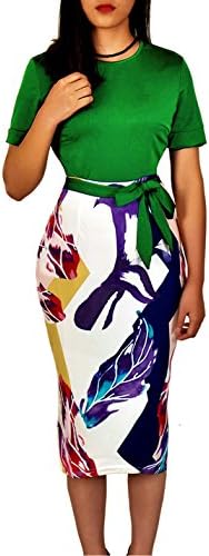 Flovey Women's Bodycon Business Pencil Dress Party Knee Length Dress Ladies Colorblock Dress (Green, L)