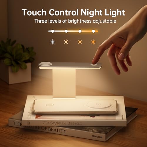 3 in 1 Wireless Charging Station for iPhone 17/16/15/14/13/12, Apple Watch and AirPods, Premium Leather-Look Charging Base with 3-Level Night Light, White