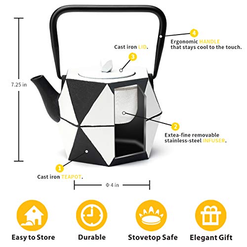 Tea Kettle, TOPTIER Japanese Cast Iron Teapot with Stainless Steel Infuser, Cast Iron Tea Kettle Stovetop Safe, Diamond Design Teapot Coated with Enameled Interior for 30 oz (900 ml), Black and White - Thumbnail 3
