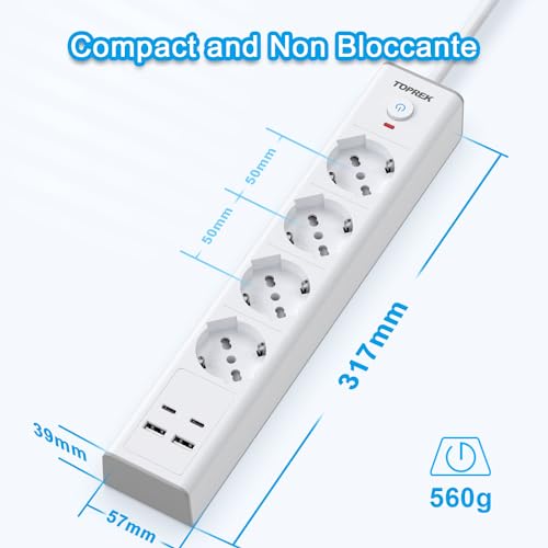 TOPREK Electrical Power Strip with 4 Universal Sockets ITA 10/16A and Schuko and 2 USB C and 2 USB A, 2 Metres 90° Elbow Plug, 4000W/16A, Multi Socket with Switch (Equipped with 2 Plastic Ties)