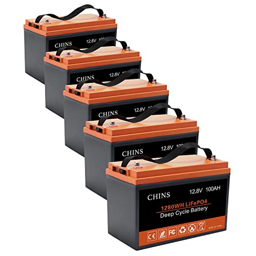 CHINS 5 PCS CHINS LiFePO4 Battery 12V 100AH Lithium Battery Builtin 100A BMS, Perfect for