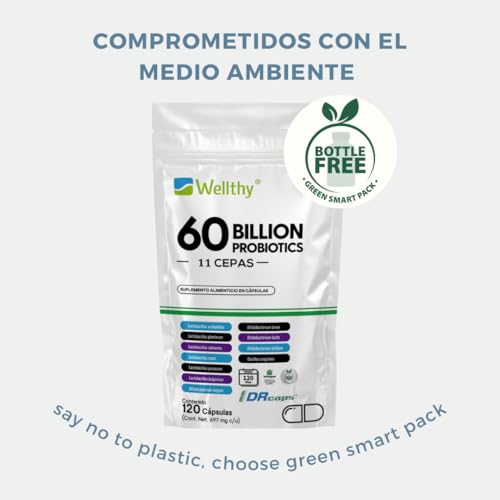 Wellthy Probioticos 60 Billones 11 Cepas. 120 Cápsulas 4 meses de Consumo, Cápsulas Veganas, DRcaps® Acción Prolongada, Bottle Free.