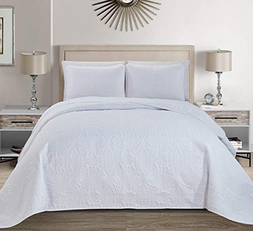 MK Home Mk Collection 3pc Full/Queen Solid Embossed Bedspread Bed Cover Over Size White