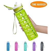 Fidus 32oz Leakproof Tritran BPA Free Water Bottle with Motivational Time Marker & Straw to Ensure You Drink Enough Water Daily for Fitness, Gym and Outdoor Sports-Green