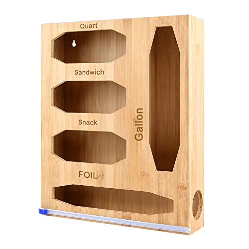 Ziplock Bag Storage Organizer Wrap Dispenser - Aluminum foil Dispenser with Cutter Labels,Bamboo Organizer, Compatible with Gallon, Quart, Sandwich and Snack Variety Size Bag