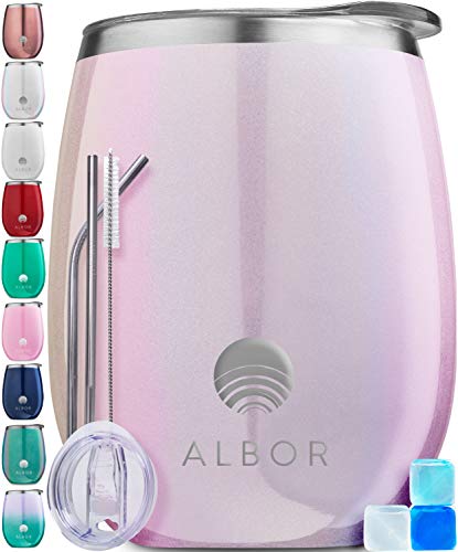 Albor Triple Insulated Wine Tumbler with Lid Stainless Steel 12 Oz Tumbler Glitter Blush