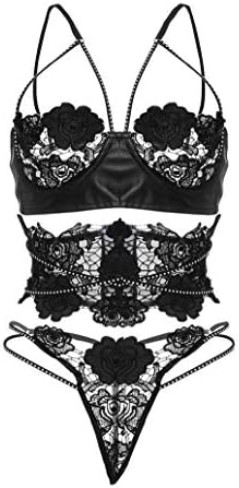 Leather Lace Bra, Women Embroidery Patchwork Underwear Strappy Lingerie JHKUNO