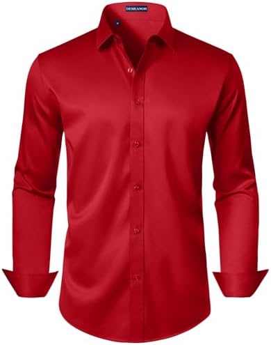 red dress shirt BXINGOHAI Men's Dress Shirts Stretch Stain Long Sleeve Solid Casual Shirt Business Party Button Down Shirts Red XL